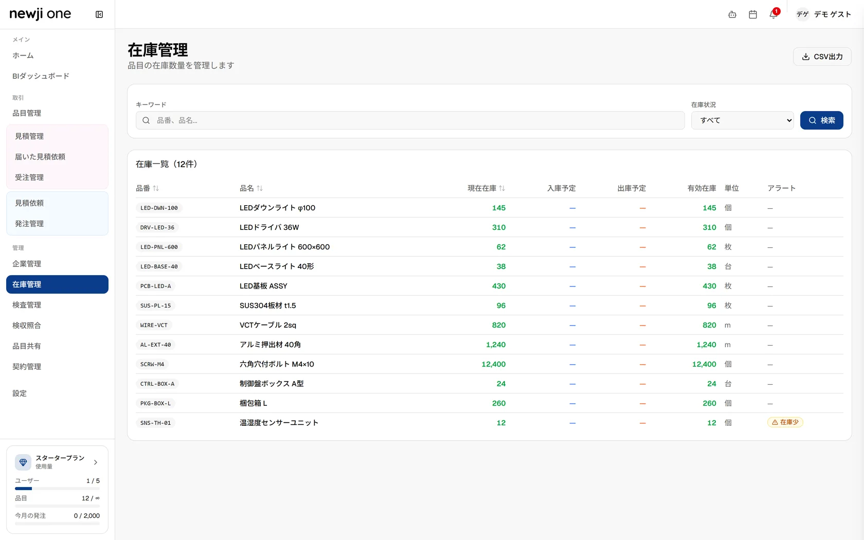 Newji one 在庫管理画面